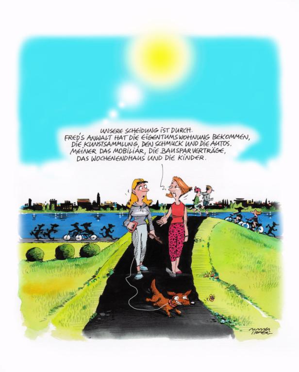 Eine Karikatur zeigt zwei Frauen, die sich über ihre Scheidung unterhalten, während sie mit einem Hund spazieren gehen.