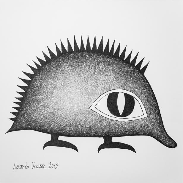 Eine stilisierte Darstellung eines Igels mit einem Auge auf dem Körper.