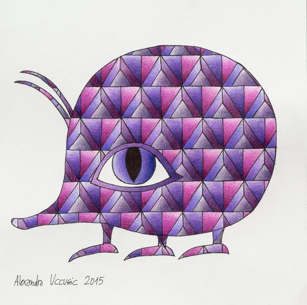 Eine lilafarbene, geometrisch gemusterte Kreatur mit einem Auge und kleinem Rüssel.