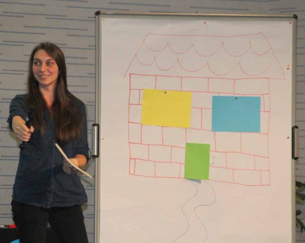 Eine Frau präsentiert ein auf ein Whiteboard gezeichnetes Haus mit farbigen Notizen.