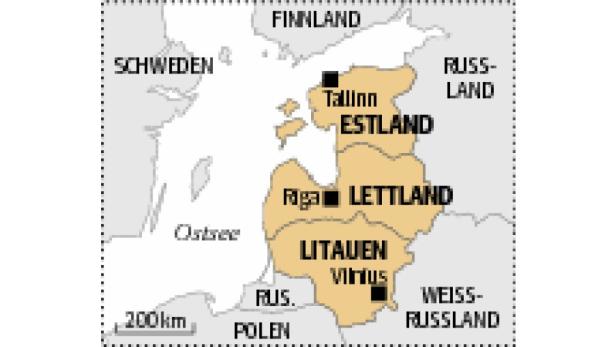 Eine Karte der baltischen Staaten Estland, Lettland und Litauen.