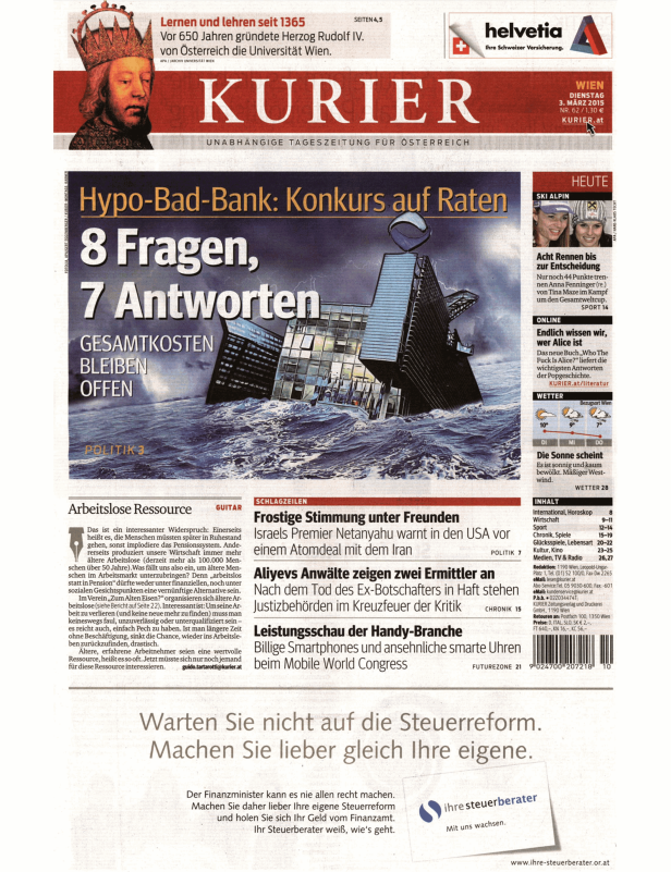 Titelseite des „Kurier“ vom 3. März 2015 mit Schlagzeilen zu Wirtschaft und Politik.