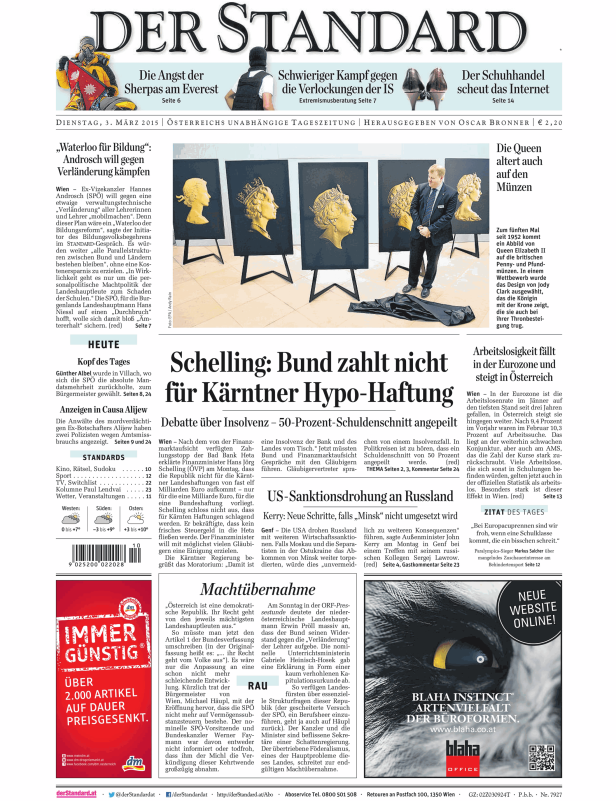 Titelseite der Zeitung „Der Standard“ vom 3. März 2015.
