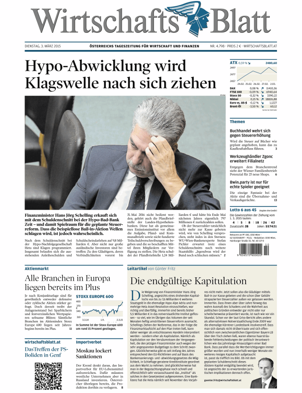 Titelseite des Wirtschaftsblatt vom 3. März 2015 mit dem Titel „Hypo-Abwicklung wird Klagswelle nach sich ziehen.“