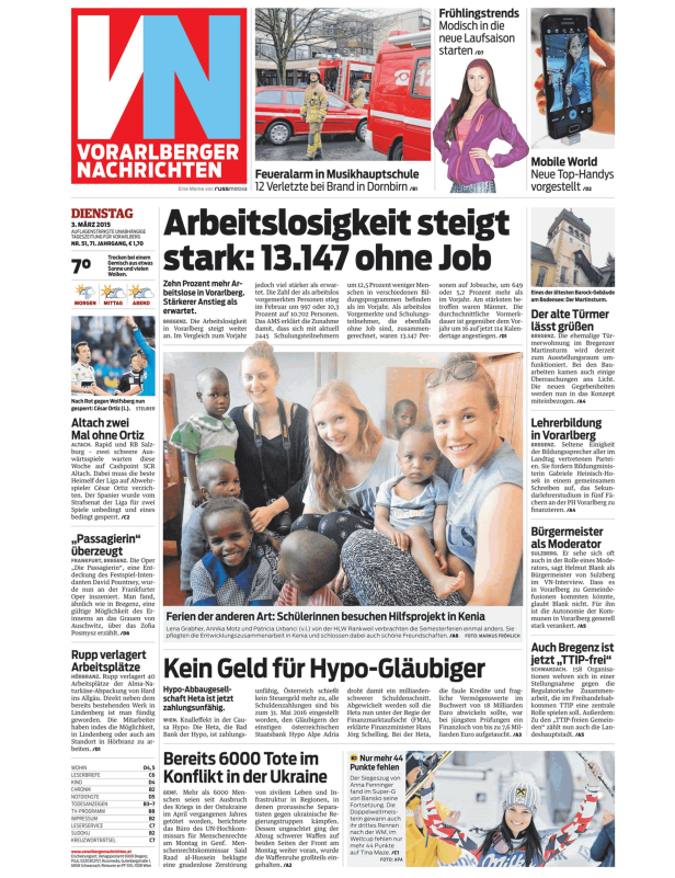 Titelseite der Vorarlberger Nachrichten vom 3. März 2015.