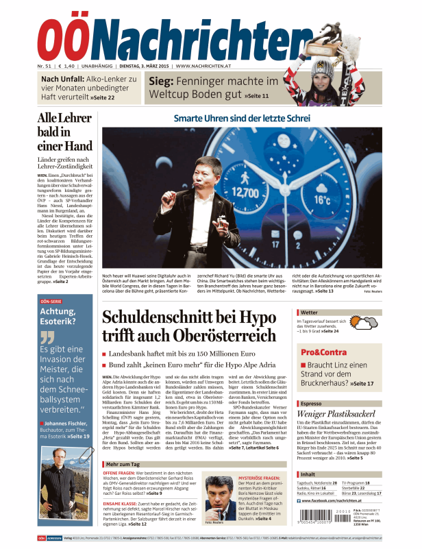 Titelseite der OÖNachrichten vom 3. März 2015 mit Artikeln über Politik, Wirtschaft und Technik.
