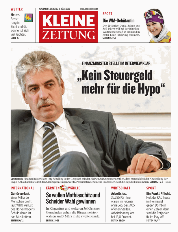 Titelseite der Kleinen Zeitung vom 3. März 2015 mit Finanzminister Schelling und Schlagzeilen.