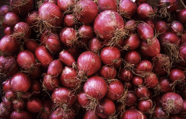Viele rote Zwiebeln liegen dicht an dicht.