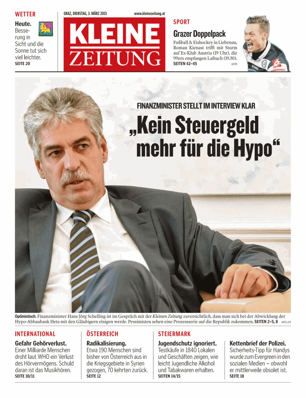 Hans Jörg Schelling, Finanzminister, im Interview der Kleinen Zeitung zum Thema Hypo.