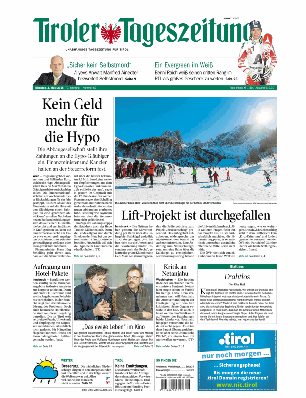 Titelseite der Tiroler Tageszeitung vom 3. März 2015 mit verschiedenen Artikeln.