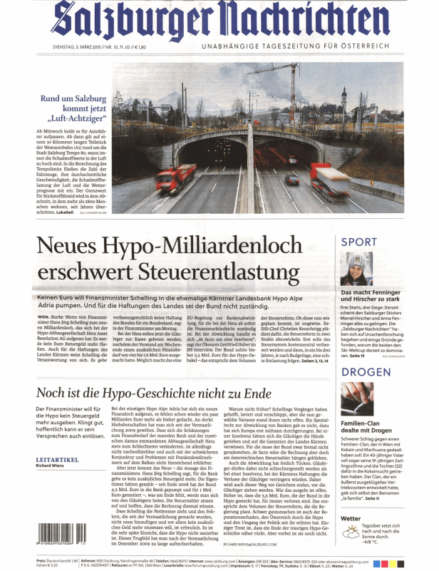 Titelseite der Salzburger Nachrichten vom 3. März 2015.