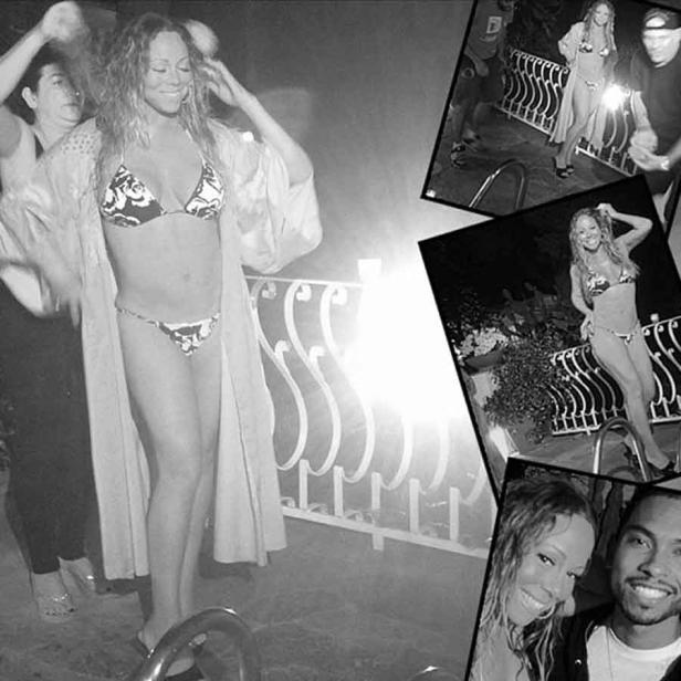 Mariah Carey posiert in einem Bikini für ein Schwarzweißfoto.