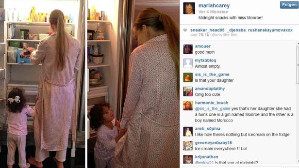 Mariah Carey und ihre Tochter Monroe stehen vor einem fast leeren Kühlschrank.