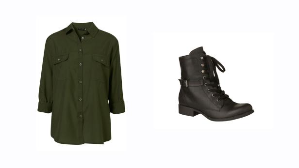 Ein olivgrünes Hemd und ein schwarzer Schnürstiefel sind auf einem weißen Hintergrund zu sehen.