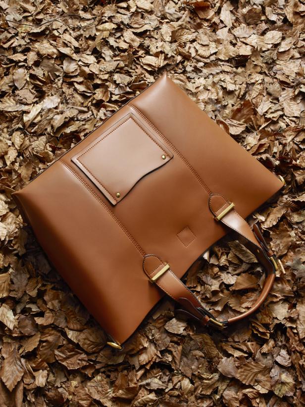 Eine braune Ledertasche liegt auf einem Bett aus Herbstlaub.
