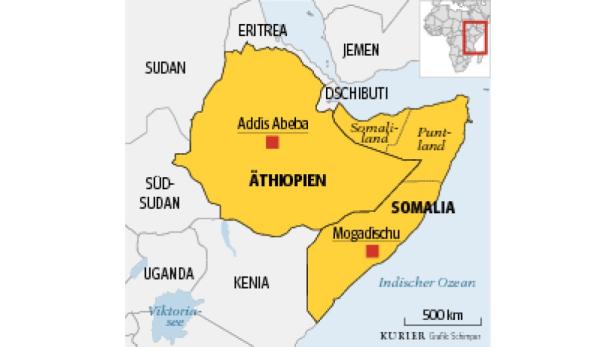 grafik- Eine Karte von Äthiopien und Somalia, hervorgehoben in Gelb.