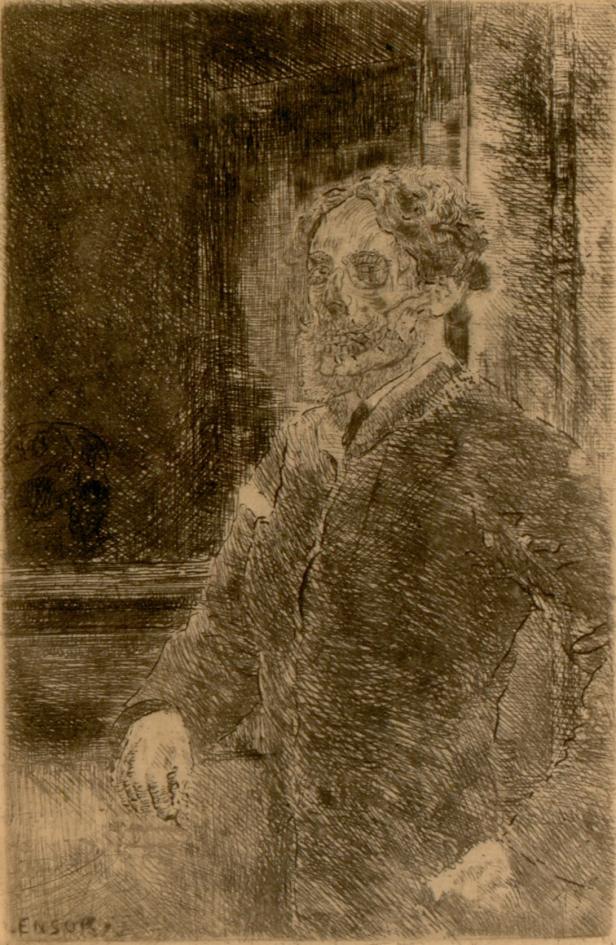 Ein gezeichnetes Porträt von James Ensor als Skelett.