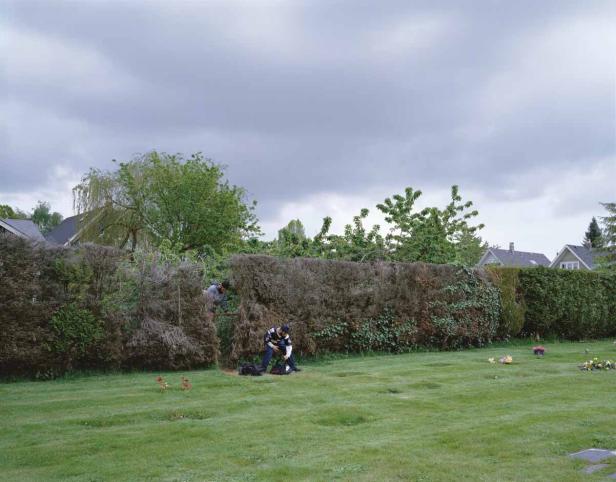 Zwei Männer arbeiten an einer Hecke auf einem Friedhof.