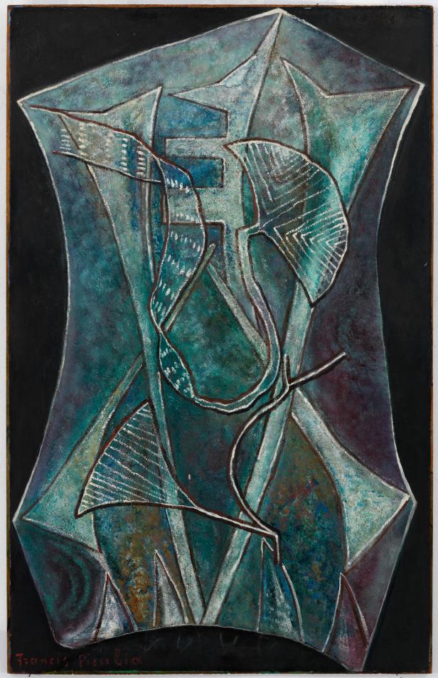 Ein abstraktes Gemälde von Francis Picabia mit geometrischen Formen in Blau- und Grüntönen.