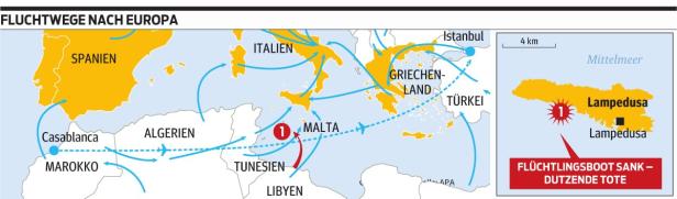 … Eine Karte zeigt die Fluchtwege von Afrika nach Europa über das Mittelmeer.