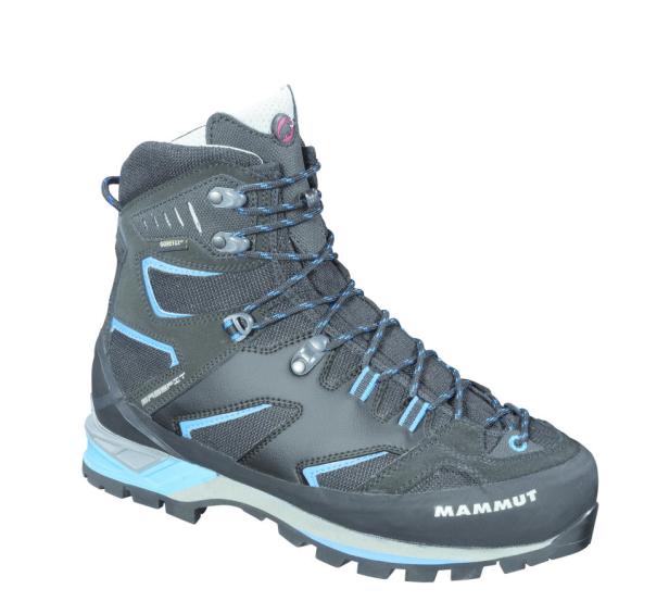 Ein grauer Mammut-Wanderschuh mit blauen Akzenten vor einem weißen Hintergrund.