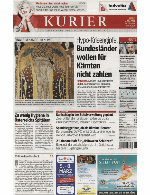 Titelseite des Kurier vom 4. März 2015 mit Meldungen zu Klimt, Hypo-Krise und Hygiene in Spitälern.