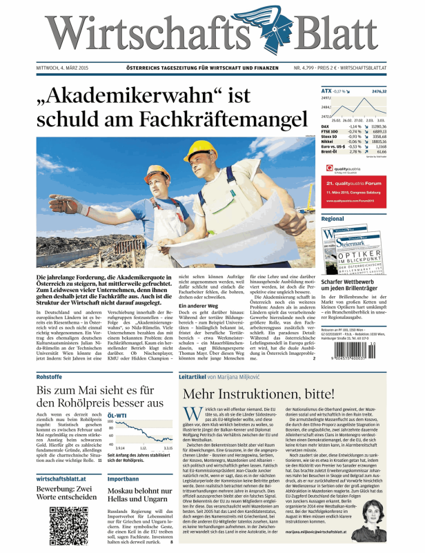 Titelseite des „Wirtschaftsblatt“ vom 4. März 2015 zum Thema Fachkräftemangel.