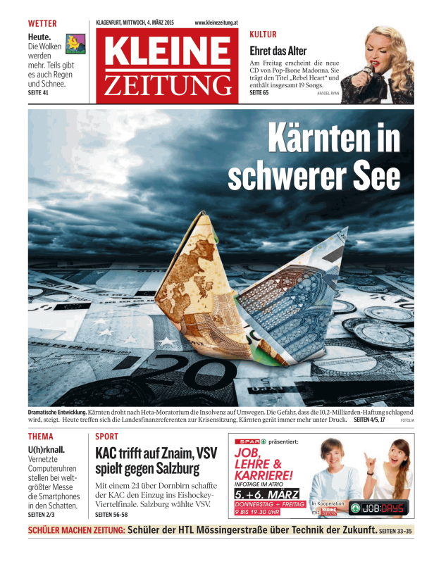 Eine stürmische Wetter-Illustration mit einem Papierboot aus Euro-Scheinen, die Kärnten symbolisiert.
