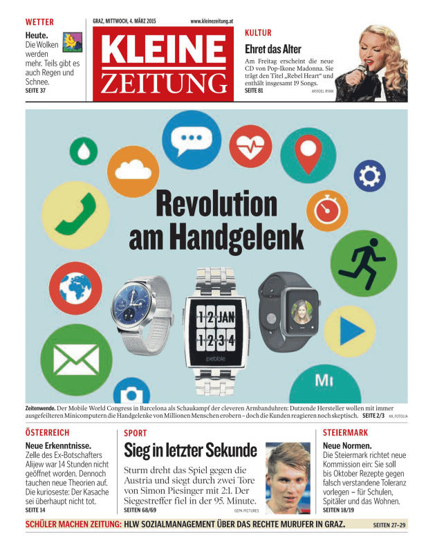 Titelseite der Kleinen Zeitung mit dem Titelthema „Revolution am Handgelenk“ und Abbildungen von Smartwatches.