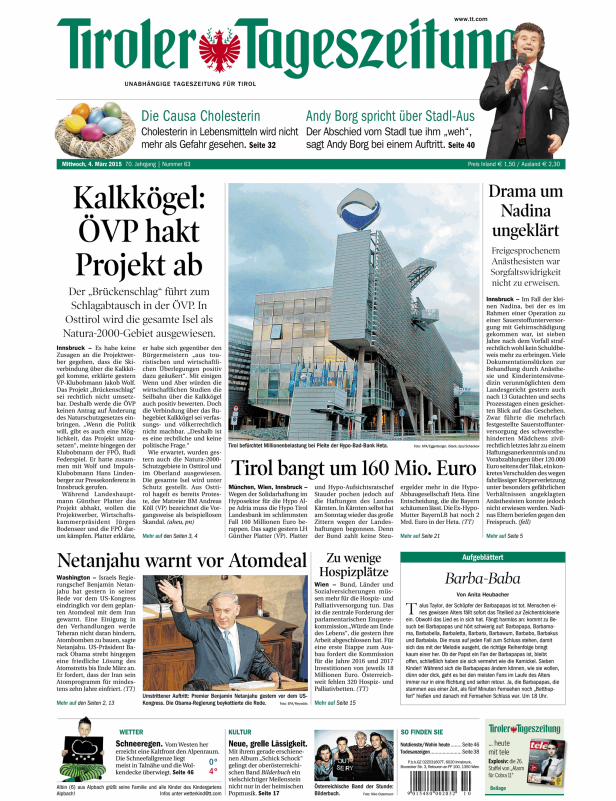Titelseite der Tiroler Tageszeitung vom 4. März 2015.