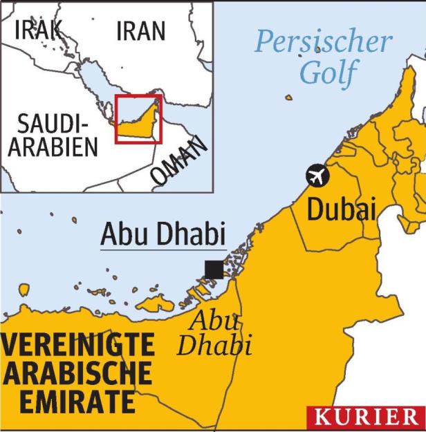 Eine Karte der Vereinigten Arabischen Emirate mit den Städten Abu Dhabi und Dubai.