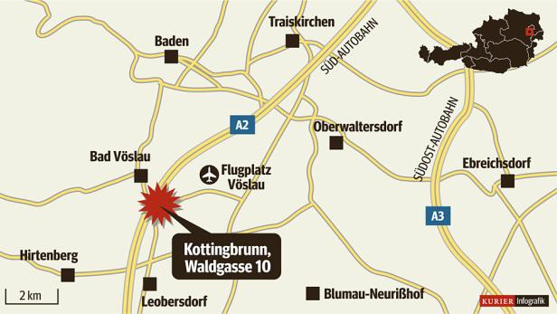 Eine Karte von Kottingbrunn und Umgebung mit Markierung der Waldgasse 10.