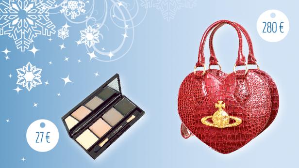 Eine Lidschattenpalette und eine rote herzförmige Handtasche mit goldenem Logo vor blauem Hintergrund mit Schneeflocken.