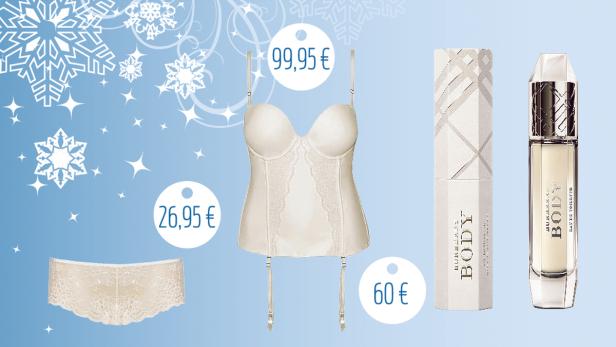 Eine Unterhose, ein Korsett und ein Flakon „Burberry Body“ sind auf blauem Grund mit Schneeflocken abgebildet.