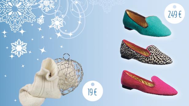 Winterliche Szene mit Socken, Deko-Herz und drei farbigen Slippern.