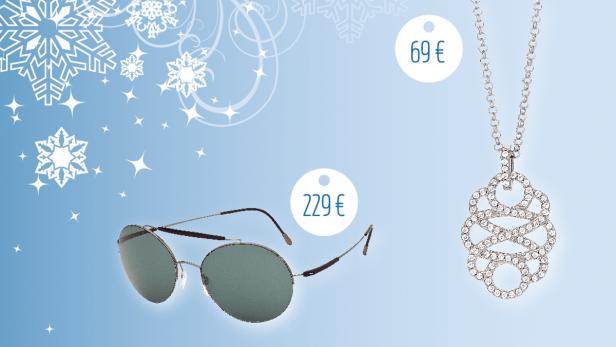 Eine Sonnenbrille und eine Halskette werden auf einem winterlichen Hintergrund beworben.