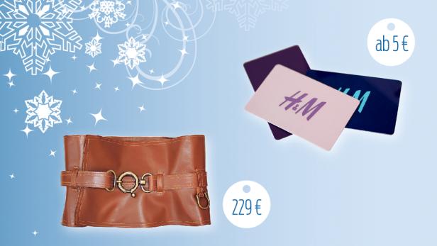 Ein breiter, brauner Ledergürtel und H&M-Geschenkkarten vor einem winterlichen Hintergrund.