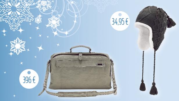 Eine graue Handtasche und eine graue Wintermütze mit Ohrenklappen auf blauem Hintergrund mit Schneeflocken.