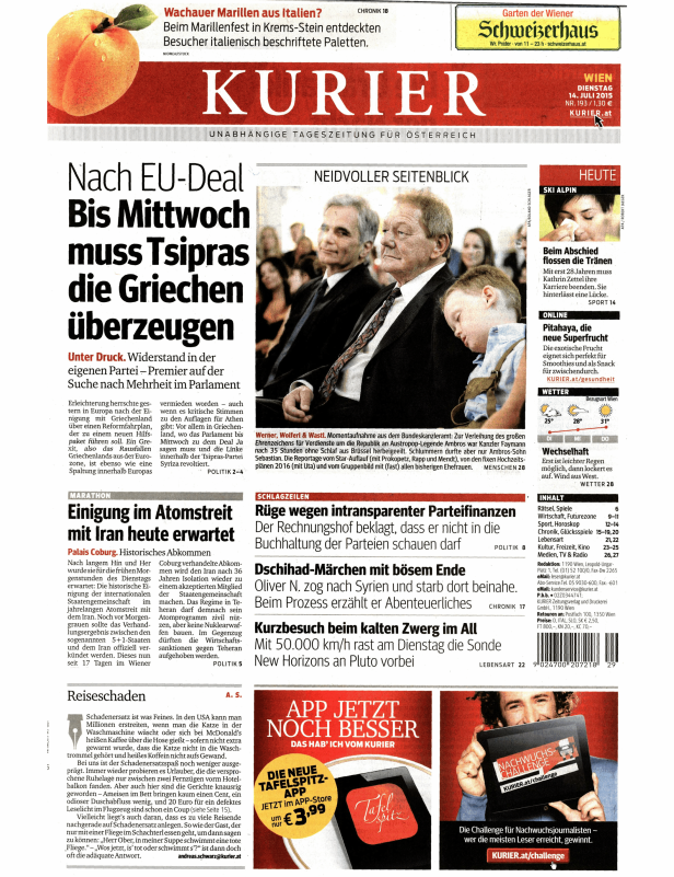 Titelseite der Zeitung „Kurier“ vom 14. Juli 2015.