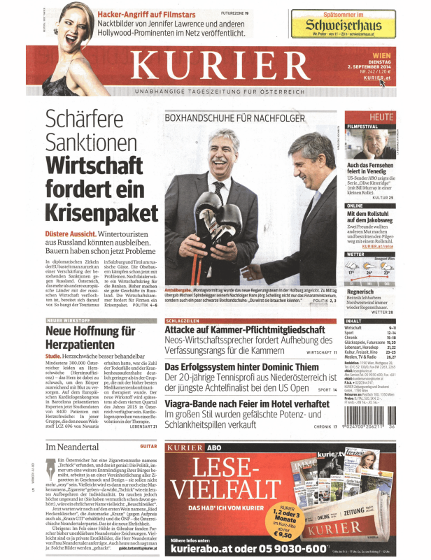 Titelseite der Zeitung „Kurier“ vom 2. September 2014.