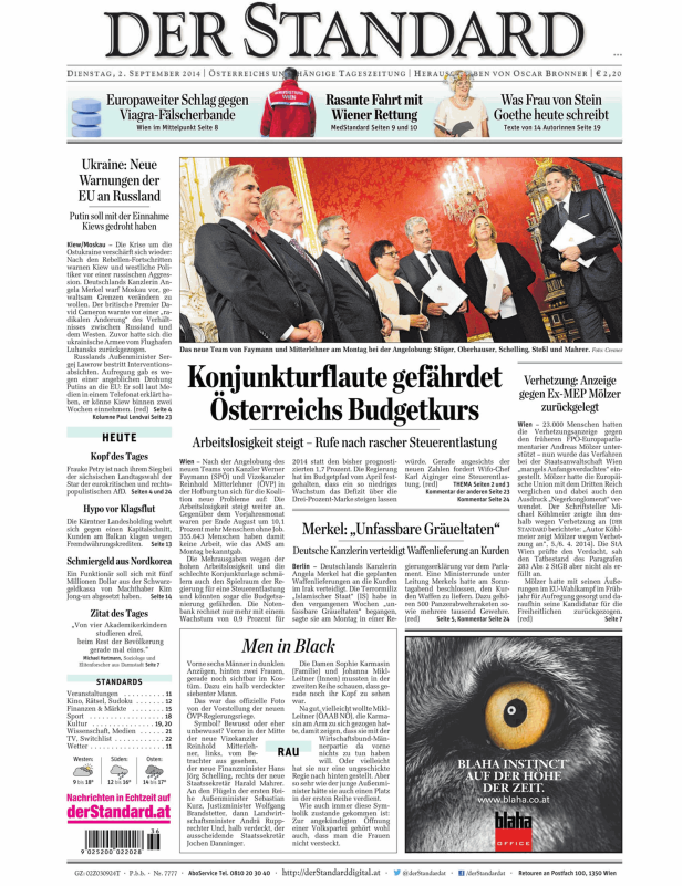 Titelseite der Zeitung „Der Standard“ vom 2. September 2014.