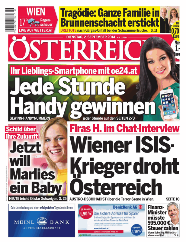 Titelseite der Zeitung „Österreich“ vom 2. September 2014 mit verschiedenen Schlagzeilen.