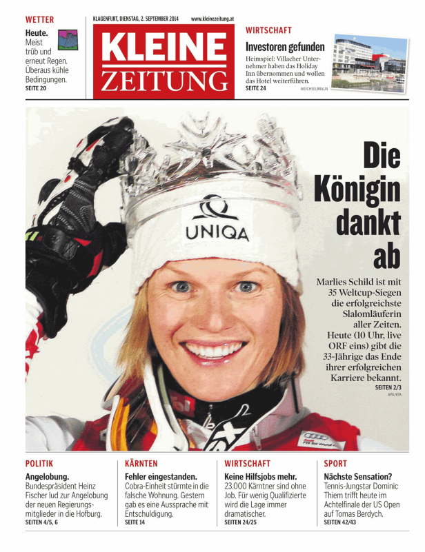 Marlies Schild mit Krone auf dem Titelblatt der Kleinen Zeitung.