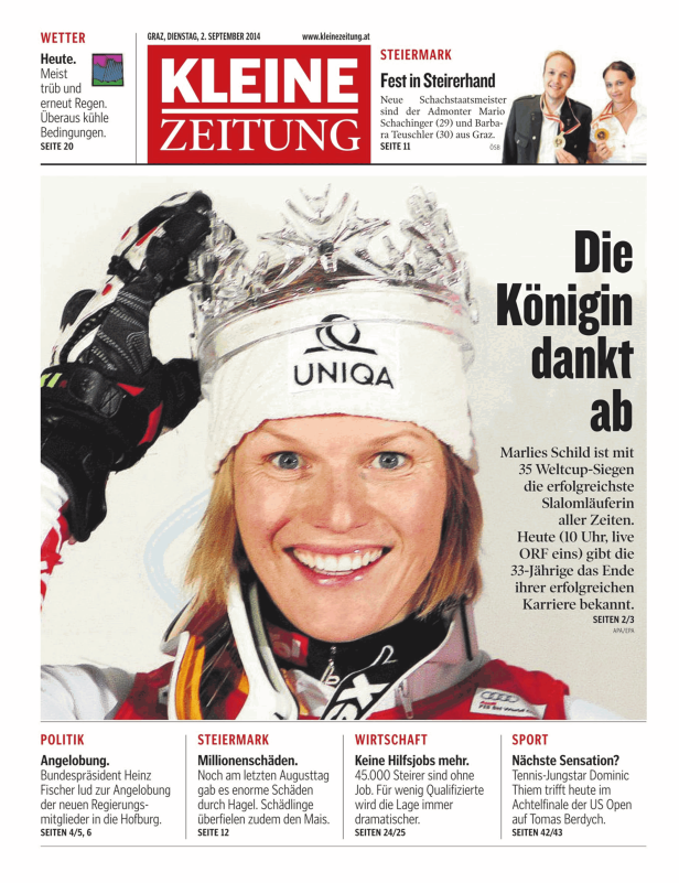 Marlies Schild, die erfolgreichste Slalomläuferin, trägt eine Krone und gibt ihr Karriereende bekannt.