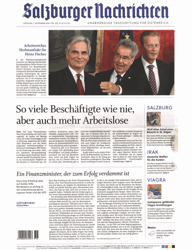 Titelseite der Salzburger Nachrichten vom 2. September 2014.