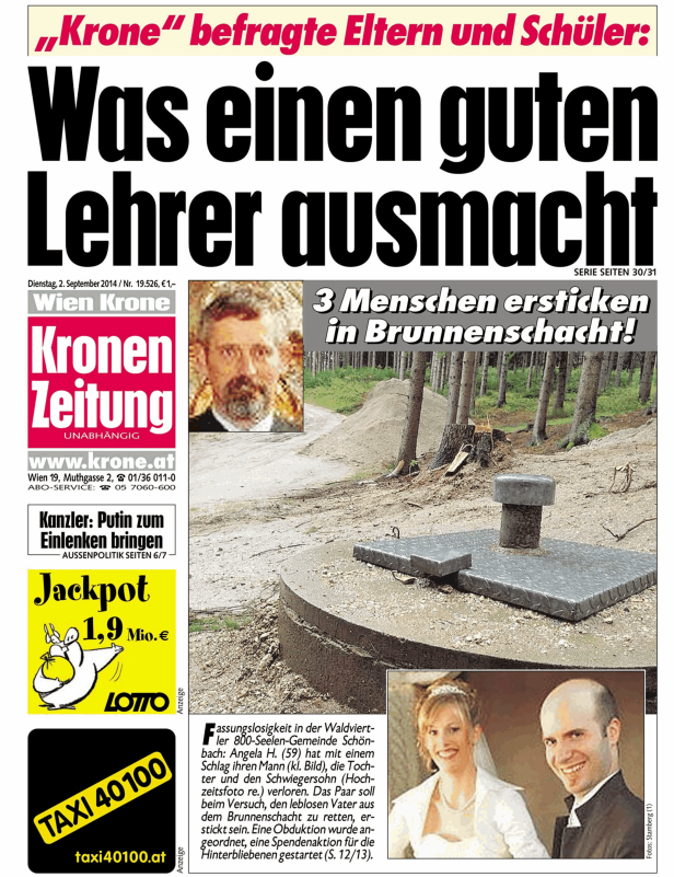 Titelseite der „Kronen Zeitung“ vom 2. September 2014 mit Artikeln zu verschiedenen Themen.