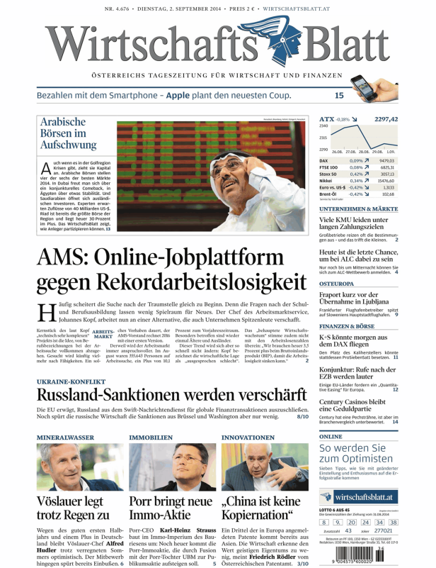 Titelseite des WirtschaftsBlatt vom 2. September 2014.
