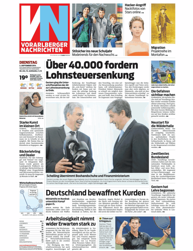 Titelseite der Vorarlberger Nachrichten vom 2. September 2014.