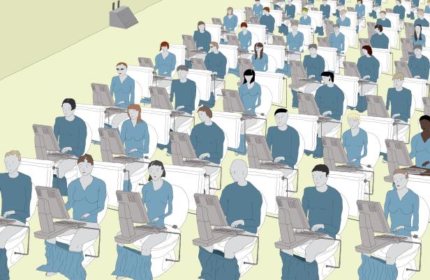 Viele Menschen sitzen auf Toiletten und arbeiten an Computern.