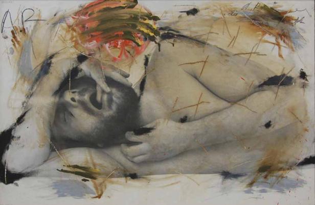 Ein Gemälde einer liegenden, verletzlichen Figur mit expressionistischen Elementen.